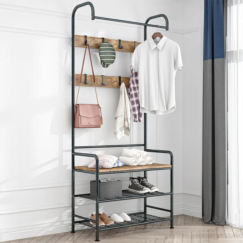 Vešiak s botníkom, 185cm, čierny kov, MDF rustikálne drevo, KELAM