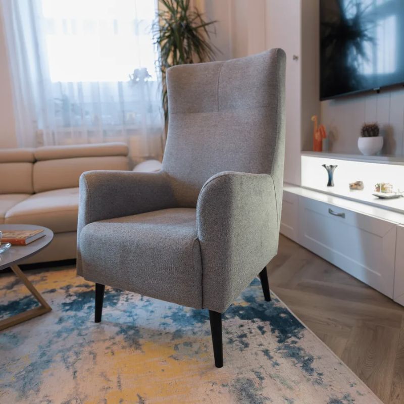 Kreslo ušiak, čierne drevo, sivá látka, SAMY