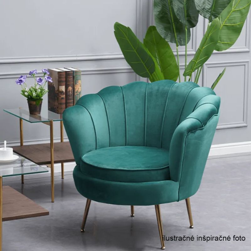 Kreslo, Art-deco, nohy gold chróm, smaragdová látka, NOBLIN