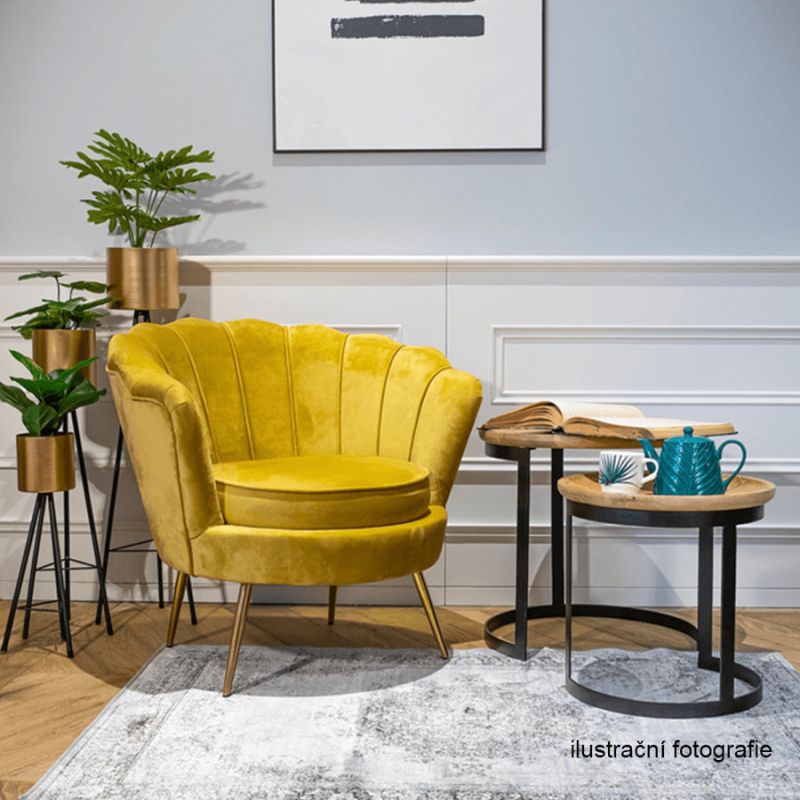 Kreslo, Art-deco, nohy gold chróm, horčicová látka, NOBLIN