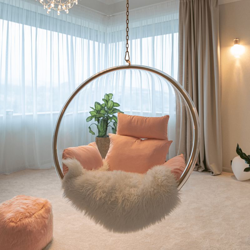 Závesné kreslo, transparentné, látka ružová, BUBBLE NEW TYP 1