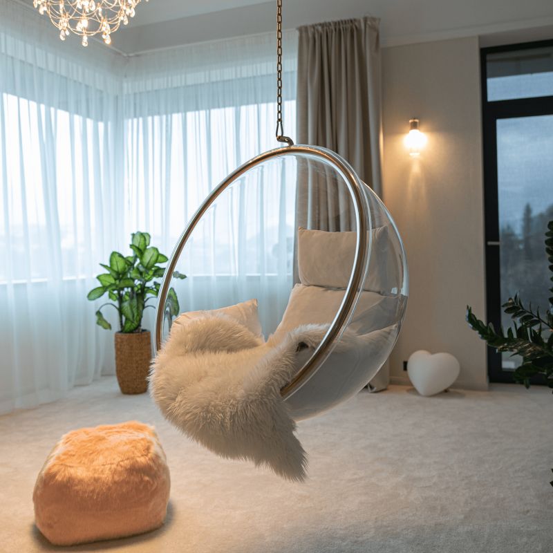 Závesné kreslo, transparentné, látka biela, BUBBLE NEW TYP 1