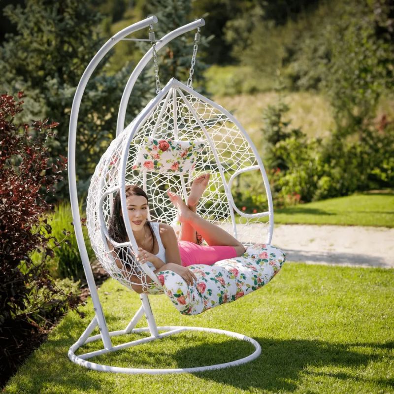 Závesné dvojkreslo, kov biely, látka vzor kvety, DALVEA 2 NEW