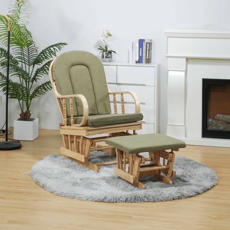 Hojdacie kreslo s podnožou, prírodné drevo, zelená látka, DALBERT