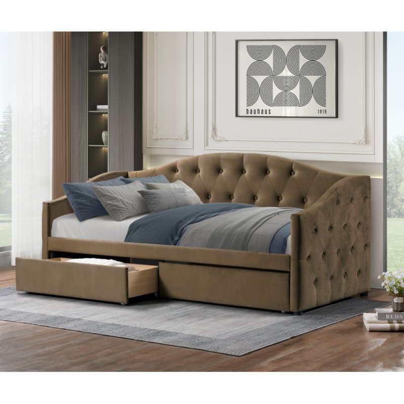 Posteľ, 90x200, s roštom, hnedá, látka, ZASKA