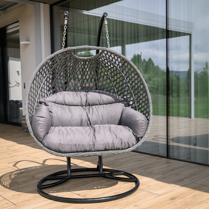 Závesné dvojkreslo, kov čierny, ratan sivý, látka tmavosivá, DAKAN NEW