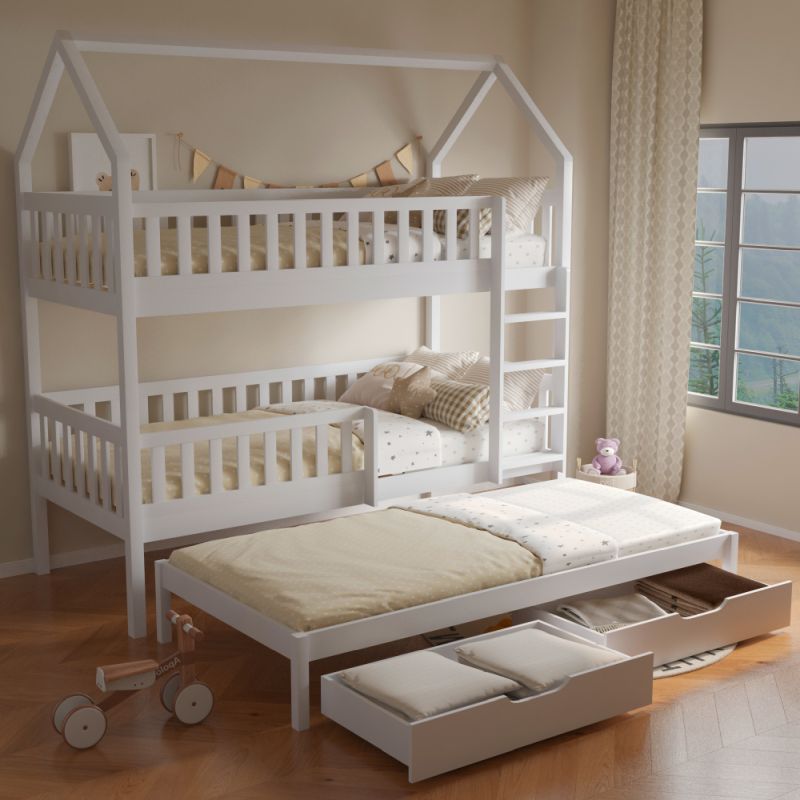 Montessori poschodová posteľ, 90x200, s prístelkou, biela, VENITA TYP 1