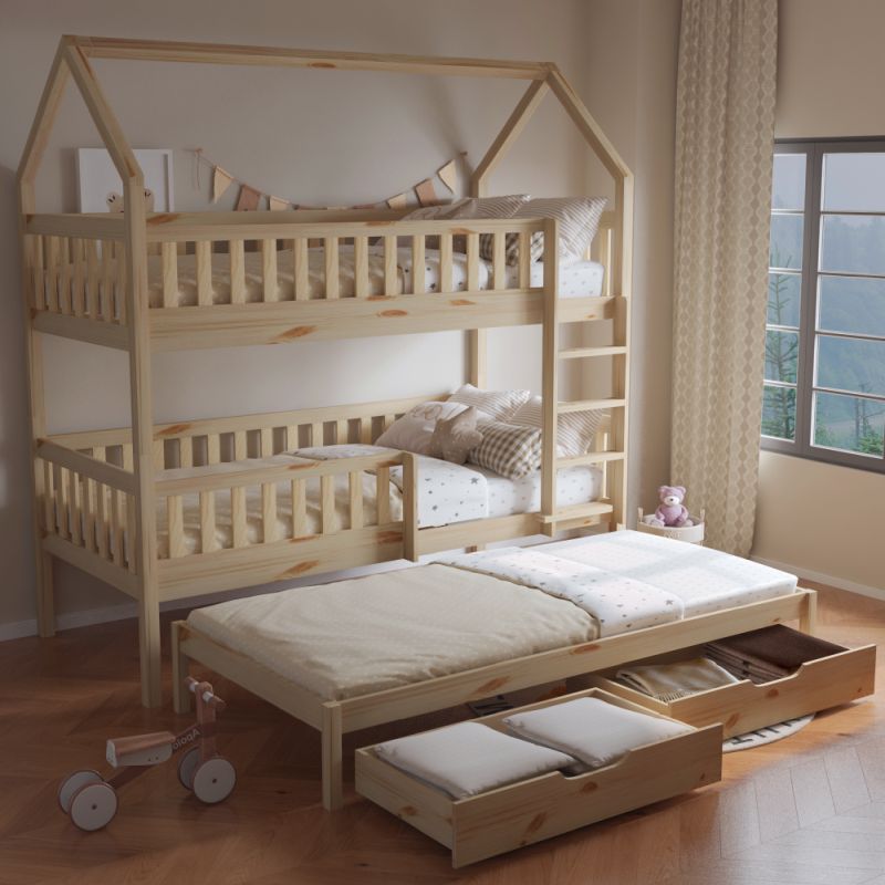 Montessori poschodová posteľ, 90x200, s prístelkou, prírodná, VENITA TYP 1