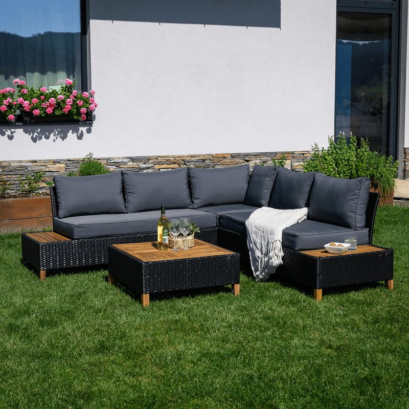 Záhradný, ratanový set, akáciové drevo, čierny ratan, sivá látka, MALKOM