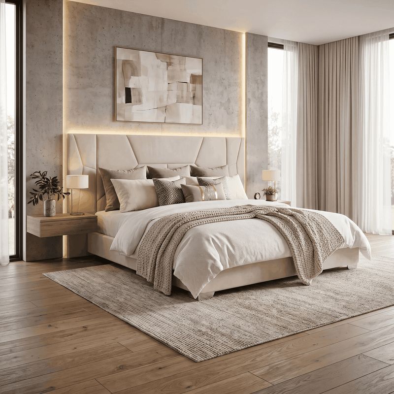Manželská posteľ, 160x200, s roštom, LED, béžová látka, ALTESA