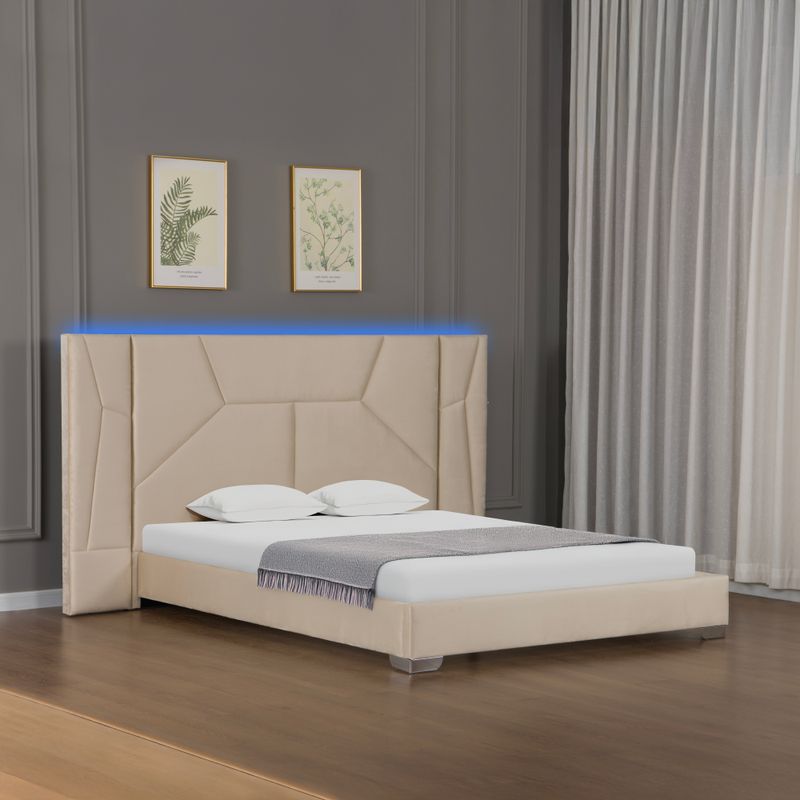 Manželská posteľ, 160x200, s roštom, LED, béžová látka, ALTESA