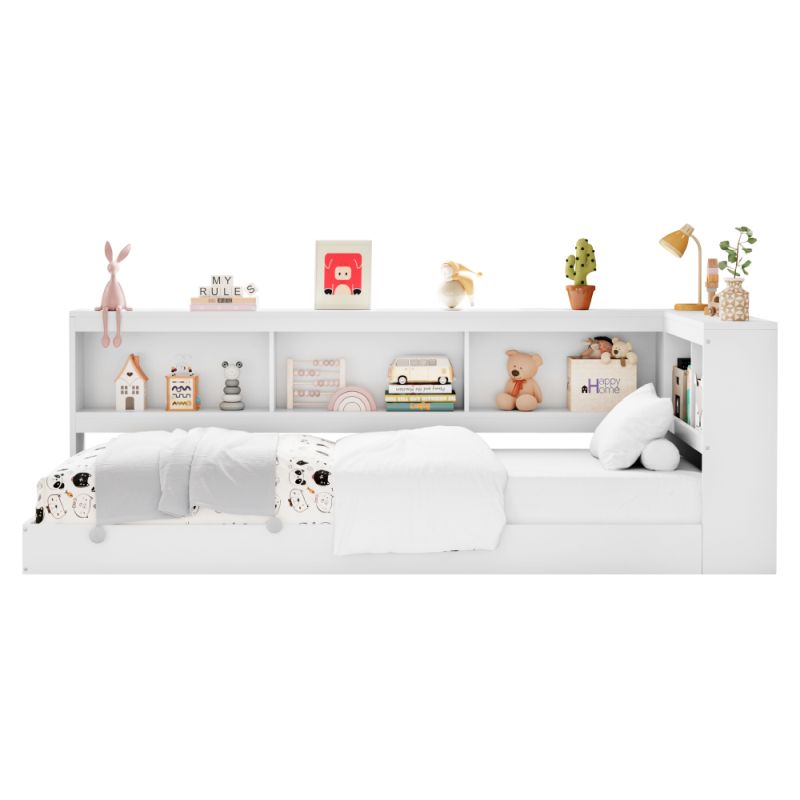 Posteľ, 90x200, s roštom a regálom, biela, TOSIA