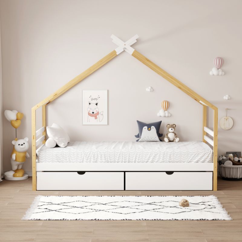 Montessori posteľ, 90x200, s roštom, biela, hnedá, TARA