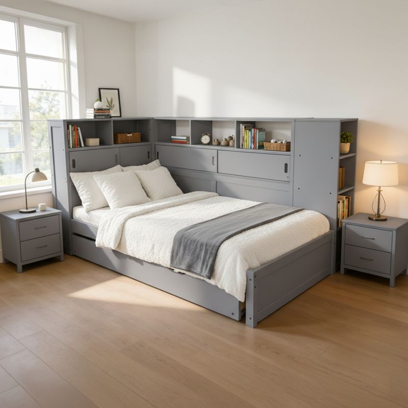 Posteľ, 90x200, s roštom, regálom a prístelkou, sivá, LENDON
