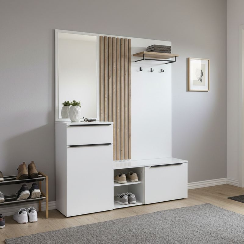 Predsieňová zostava, 150cm, biely lesk, dub artisan, ALIVA V2