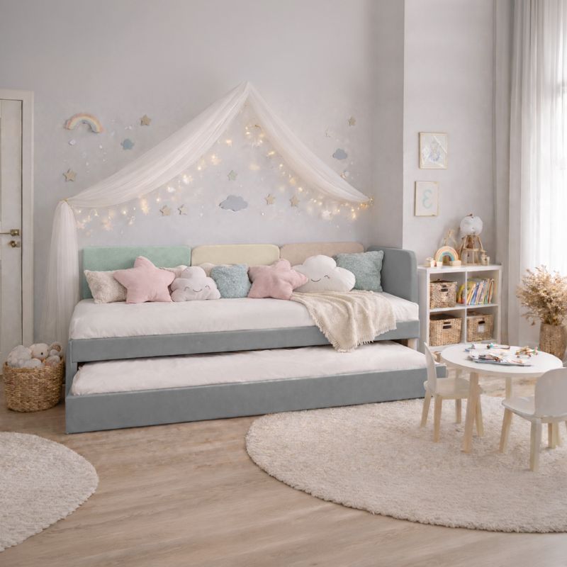 Posteľ s roštom a prístelkou 90x200, látka sivá, mix farieb, DUHA