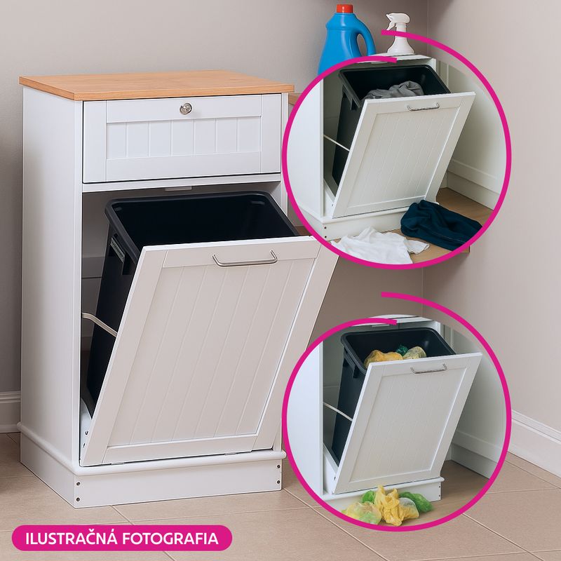 Výklopná skrinka, 51cm, s odpadkovým košom, biela, bambus, DELINS TYP 1