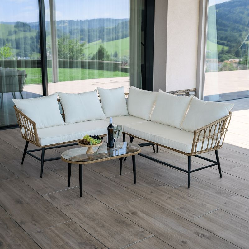 Záhradný ratanový set, béžová látka, prírodný ratan, čierny kov, ARALY