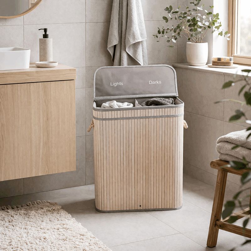 Kôš na prádlo, 52cm, bambusový, s vekom, sivý, DB2000 GREY