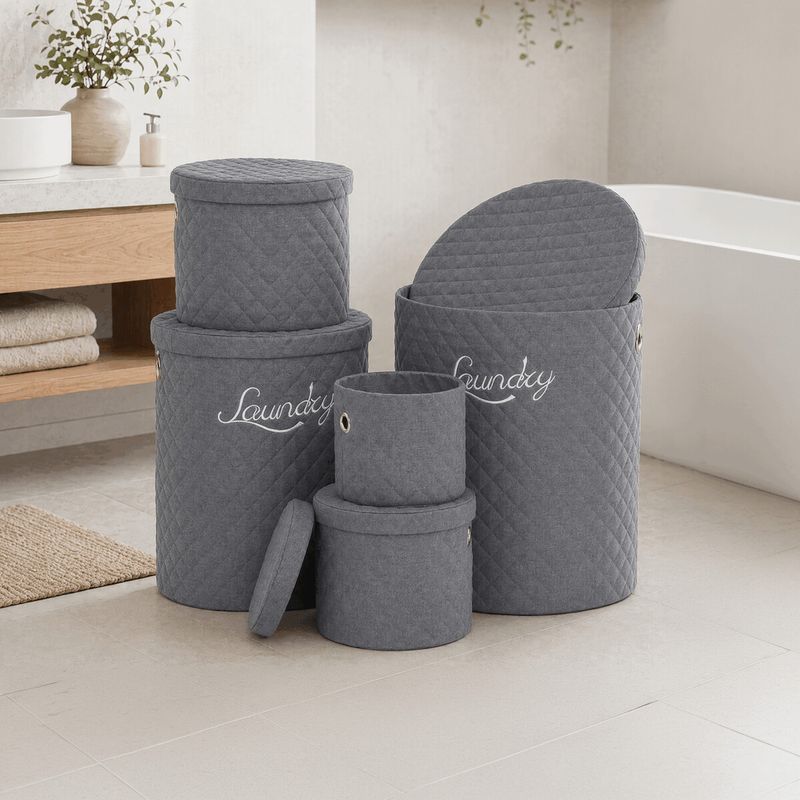 Kôš na bielizeň, látka, okrúhly, sivý, sada 5 ks, DT3007 GREY