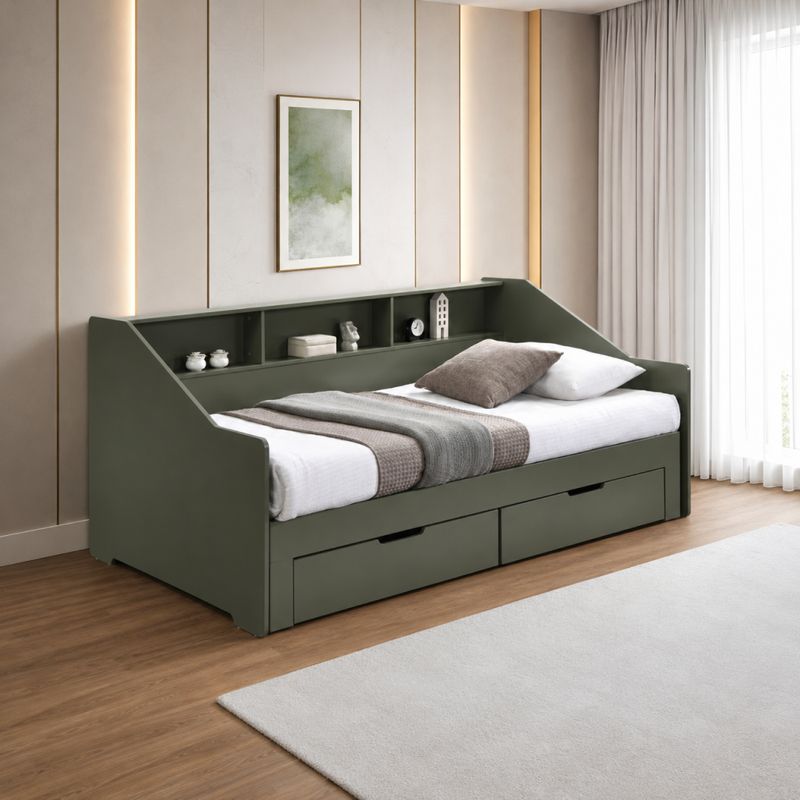 Rozkladacia posteľ s úložným priestorom, 90-180x200, sivozelená, MONETA