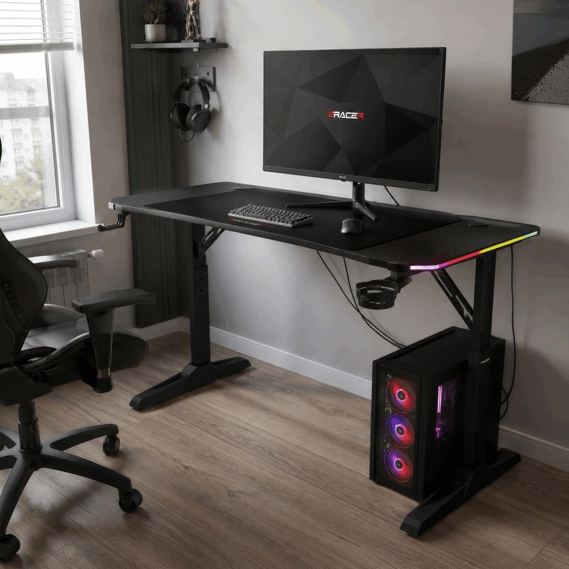 Pevný herný stôl 120x60cm, RGB LED, nastaviteľná výška, melamín, carbon, LT-H1212 BK