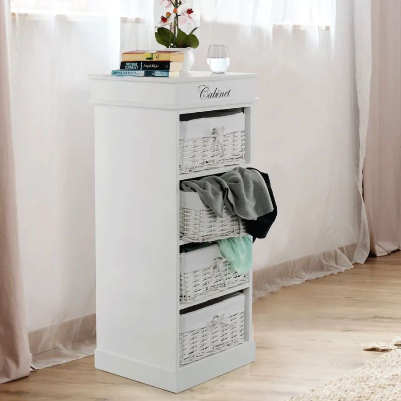 Komoda, 45cm, 4 košíky, drevo, prútie, biela, BLANCO