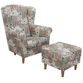 Kreslo, ušiak s taburetom, patchwork Viorica 1 látka, ASTRID