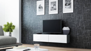 Závesný televízny stolík, 140cm, sivý, biely, VIGO 140