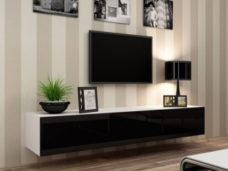 Závesný televízny stolík, 180cm, biely, čierny, VIGO 180