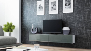 Závesný televízny stolík, 180cm, biely, sivý, VIGO 180
