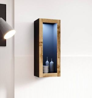 Závesná vitrína, 35cm, čierna, dub wotan, VIGO 90 SKLO