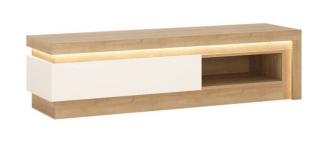 Televízny stolík, 130cm, dub riviera, biely lesk, EXT GRABO 1 LYOF 02