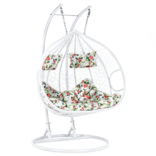 Závesné dvojkreslo, kov biely, látka vzor kvety, DALVEA 2 NEW
