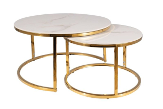 Set konferenčných stolíkov, 80x80cm, zlatý, biely efekt mramoru, PORTAFINO A