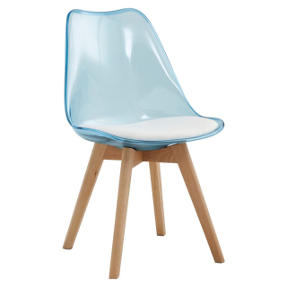 Stolička jedálenská, transparentná modrá, biela ekokoža, nohy buk, BALI 2 NEW