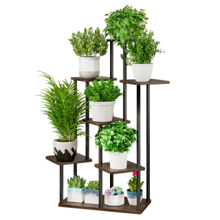 Kovový stojan na kvety, kov čierny, DTD rustikálne drevo, ADITE TYP 2