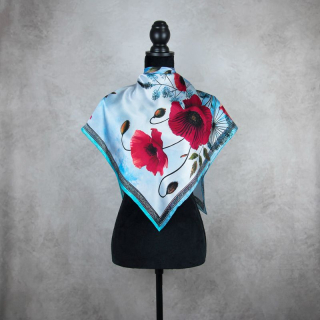 Módna hodvábna šatka MAK VLČÍ - MODRÝ, 90 x 90cm, MADE IN SLOVAKIA