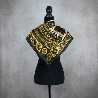 Módna hodvábna šatka ČIČMANY - ČIERNO-ZLATÉ, 90 x 90cm, MADE IN SLOVAKIA