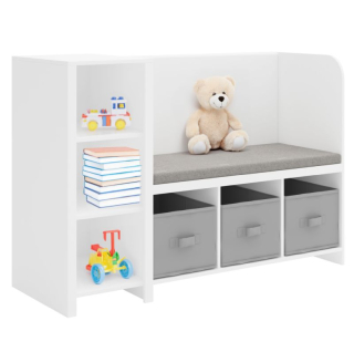 Regál s lavičkou, 112cm, biely, sivý, BENKO