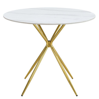 Jedálenský stôl, okrúhly 90cm, keramika, biely, zlatý, MEKNER