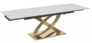Jedálenský stôl, 160x90cm, rozkladací, keramika, biely, zlatý, HERMES II