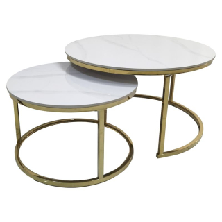 Konferenčné stolíky, set 2 ks, 80x80cm, imitácia mramoru, gold chróm zlatý, DEVNET 3 NEW