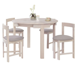 Jedálenský set 1+4, 103x103cm, biely vzor drevo, látka sivobéžová, DOMIO