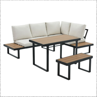 Záhradný set, čierny kov, krémová látka, dub polywood, FLOJD