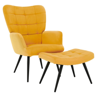 Kreslo s podnožou, čierny kov, žltá látka, HABEN