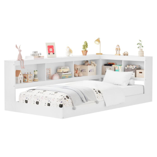 Posteľ, 90x200, s roštom a regálom, biela, TOSIA