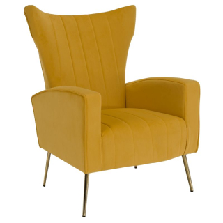 Relaxačné kreslo, žltá Velvet látka, zlaté nohy, BARET