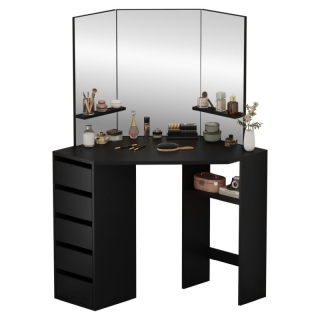 Rohový toaletný stolík, 111cm, čierny, ELIO