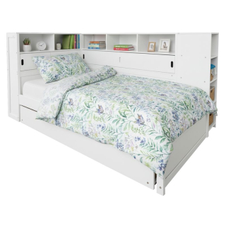 Posteľ, 90x200, s roštom, regálom a prístelkou, biela, LENDON